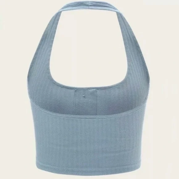 Shein Baby Blue Ribbed 3 Button Halter Top - Picture 6 of 6